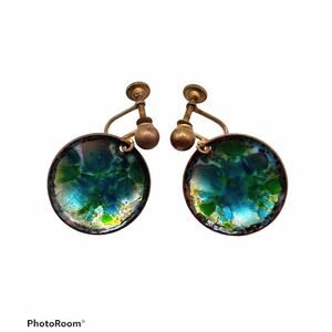Vintage 50s Hogan Bolas Providence Ocean Enameled Copper Dangle Earrings